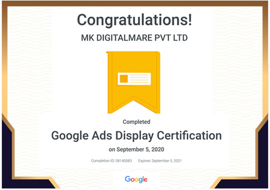 google ads display frame certificate Mk Digitalmare Hyderabad
