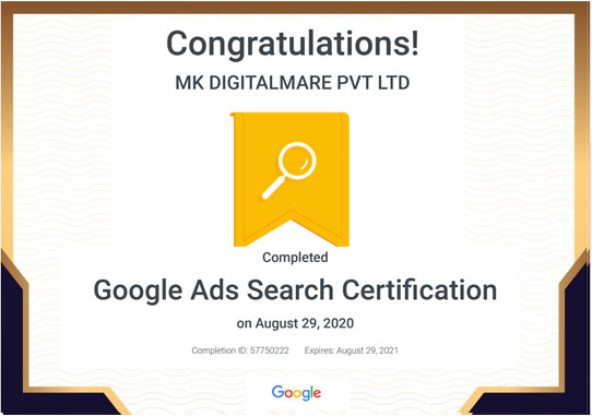 Google ADS Search Certificate | Mk Digitalmare | Hyderabad
