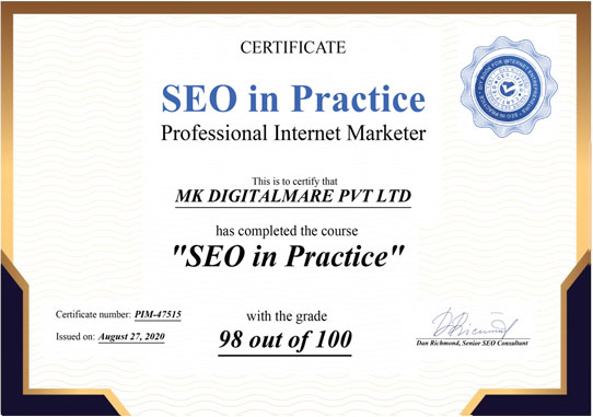 SEO Certificate | Mk Digitalmare | Hyderabad